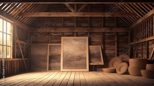 Frame mockup in cozy barn interior background, 3d render. Generative Ai