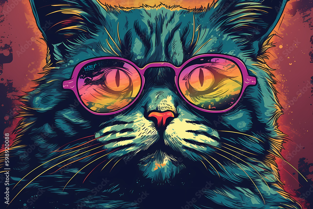 Trendy Cat in Sunglasses: Vibrant Cartoon Style - 8K