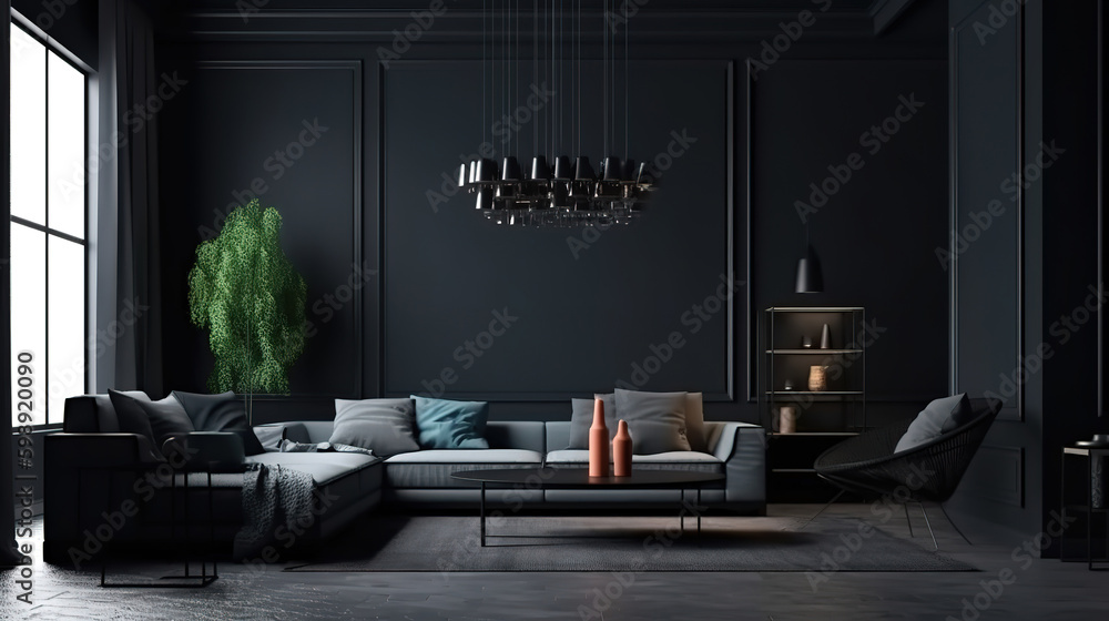 Home interior, luxury modern dark living room interior. Generative Ai Home interior, luxury modern dark living room interior. Generative Ai