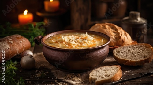 Macro Photo Kapustnyak Sauerkraut Soup On Stone Rustic Pub Ukrainian Dishes. Generative AI