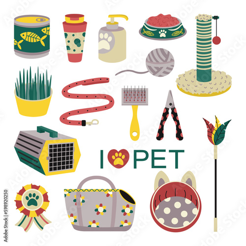 Set of elements for animals, cats, dogs. Pet care.
