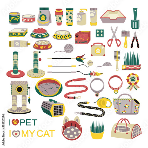 A large set of elements for animals, cats, dogs. Pet care.