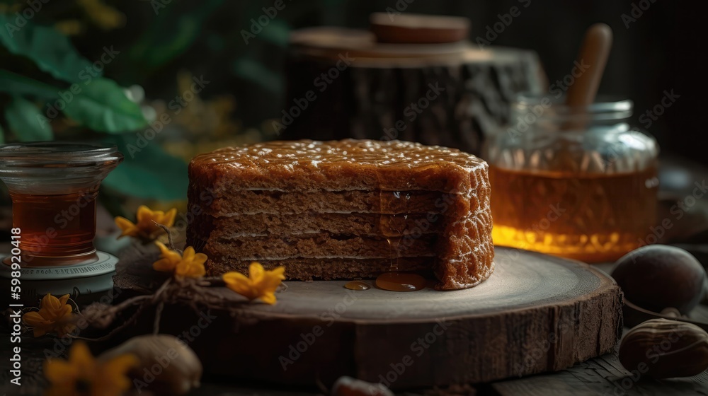 Macro Photo Medivnyk Honey Cake On Stone Rustic Pub Ukrainian Dishes. Generative AI