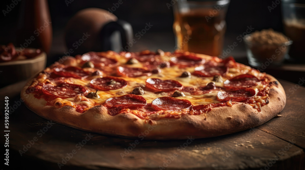 Macro Photo Pepperoni Pizza On Stone Rustic Pub. Generative AI