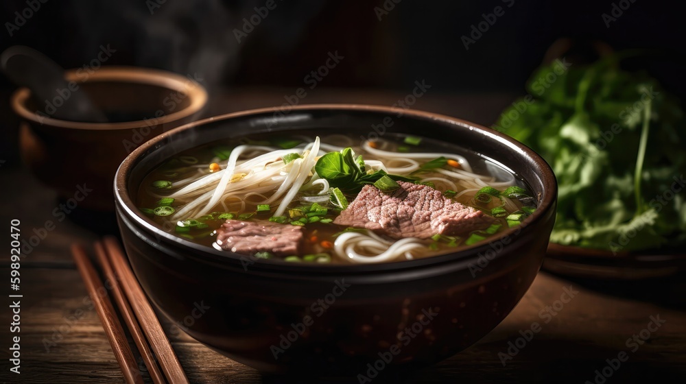 Macro Photo Pho Bo Beef Pho On Stone Rustic Pub. Generative AI