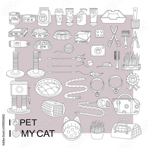 A large set of elements for animals, cats, dogs. Pet care. Line art.