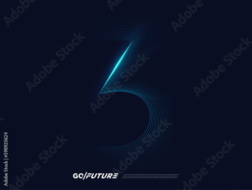 Creative technology digital number typography three, third, 3rd, 3 font. Modern futuristic blue lines and light effect on the dark background for ai logo, big data, new year poster, anniversary type…