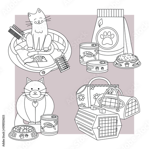 Set of elements for animals, cats, dogs. Pet care. Line art.