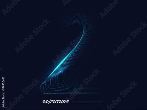 Creative technology digital number typography two, second, 2nd, 2 font. Modern futuristic blue lines and light effect on the dark background for ai logo, big data, new year poster, anniversary type…