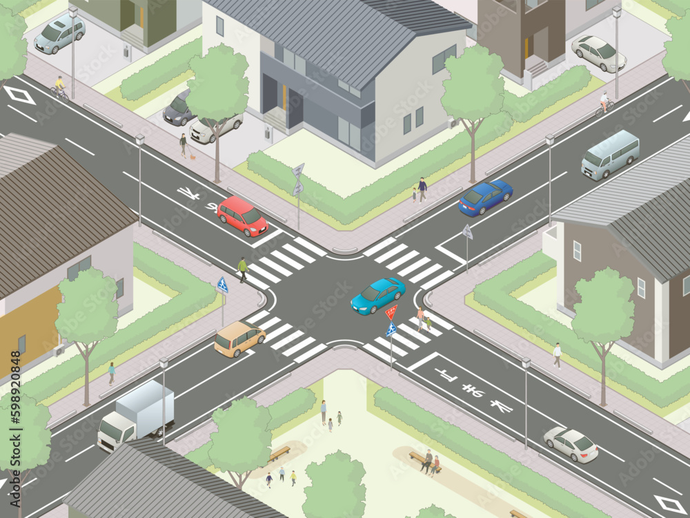 アイソメトリック図法で描いた住宅街にある一時停止交差点のイメージA / Japanese crossroads. Isometric illustration アイソメトリック図法で描いた住宅街にある一時停止交差点のイメージA / Japanese crossroads. Isometric illustration