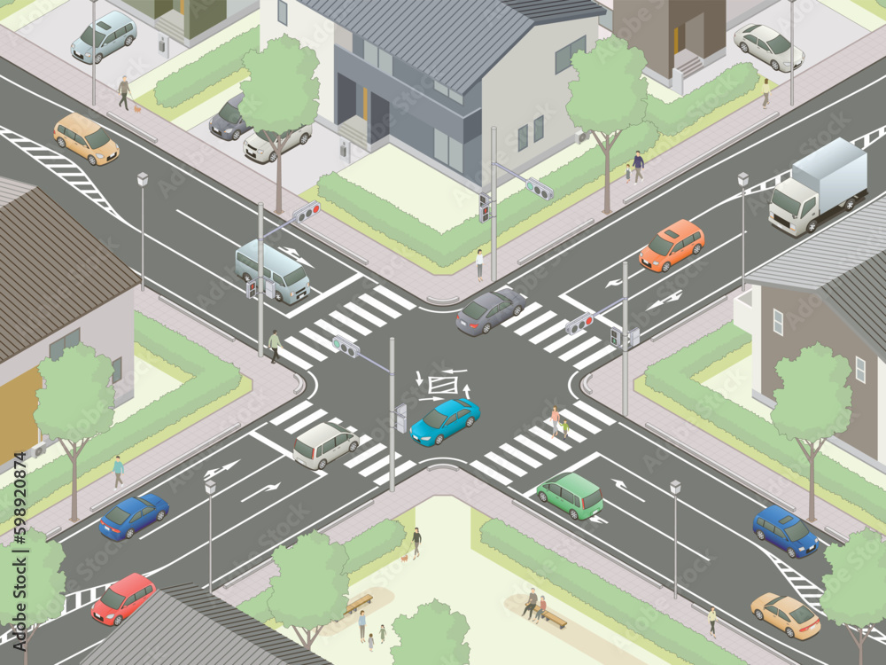 アイソメトリック図法で描いた住宅街にある信号交差点のイメージC / Japanese intersection. Isometric illustration アイソメトリック図法で描いた住宅街にある信号交差点のイメージC / Japanese intersection. Isometric illustration