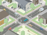 アイソメトリック図法で描いた日本の住宅街にある信号交差点イメージA / Isometric illustration : Japanese intersection