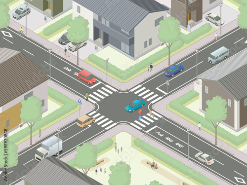 アイソメトリック図法で描いた日本の住宅街にある一時停止交差点イメージA / Isometric illustration : Japanese crossroads