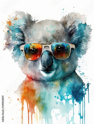 Watercolor Koala Bear with Sun Glasses Illustration Isolated on White Background. Colorful Digital Animal Art