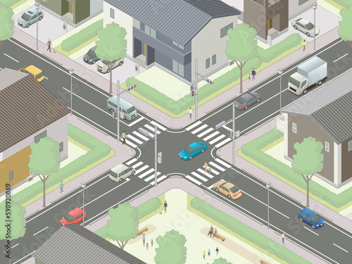 アイソメトリック図法で描いた住宅街にある信号交差点のイメージA / Japanese intersection. Isometric illustration