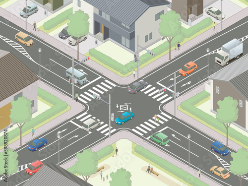 アイソメトリック図法で描いた住宅街にある信号交差点のイメージC / Japanese intersection. Isometric illustration
