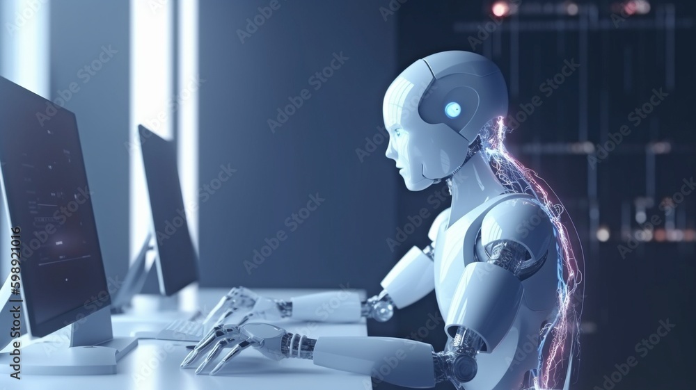 future concept of a humanoid robot with artificial intelligence using a computer. The Generative AI future concept of a humanoid robot with artificial intelligence using a computer. The Generative AI