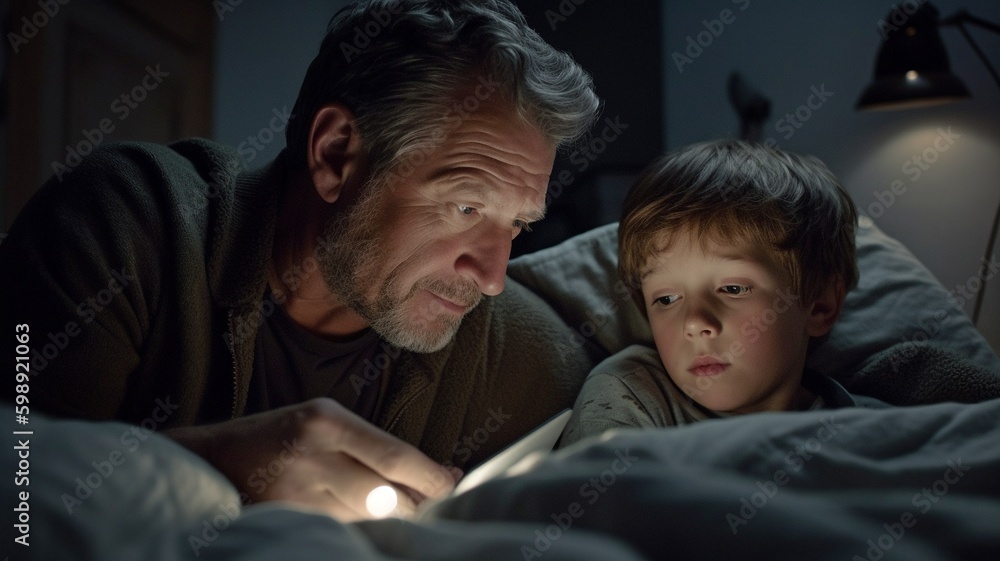studying till the wee hours. a father reading to his little kid in bed while they both use tablets. The Generative AI studying till the wee hours. a father reading to his little kid in bed while they both use tablets. The Generative AI