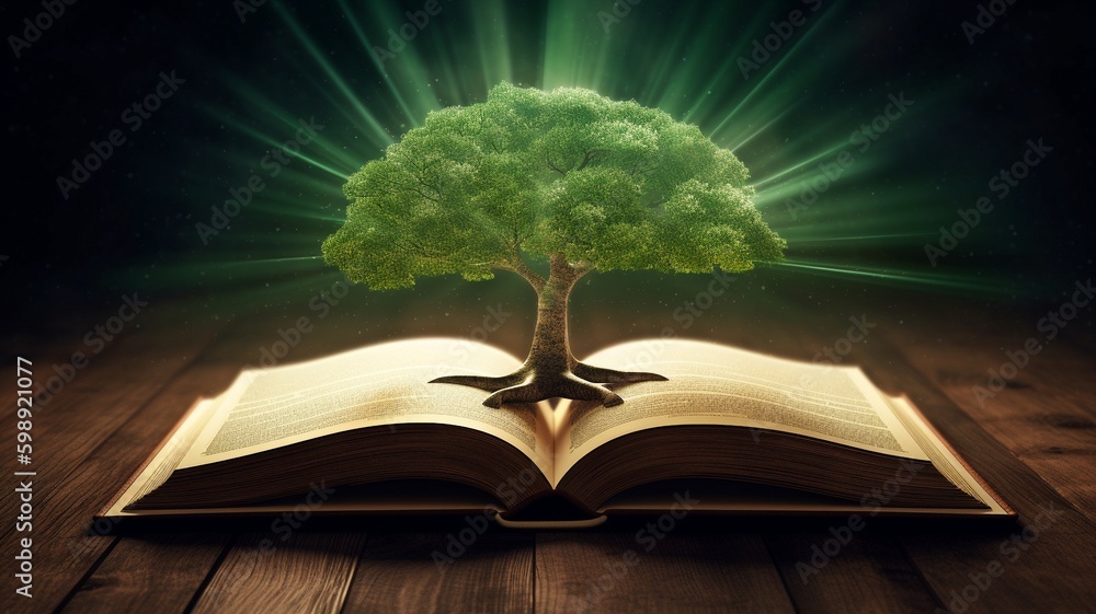 Open book on wooden deck with enchanted green tree and light beams ...