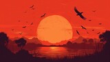 A large red sun is seen in the orange sky, along with clouds and birds.  The Generative AI