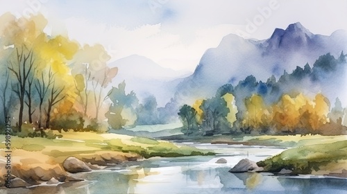 Watercolor landscape with mountains, forest and river in front. beautiful landscape. © Svfotoroom