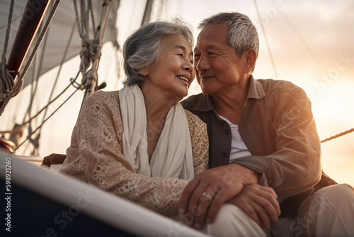 Happy senior asian couple in love enjoying a romantic sunset on yacht in the sea, AI Generative © tilialucida