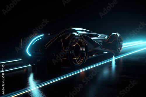 Futuristic neon car, transport of future. Glowing smooth electric vehicle in dark. Generative AI