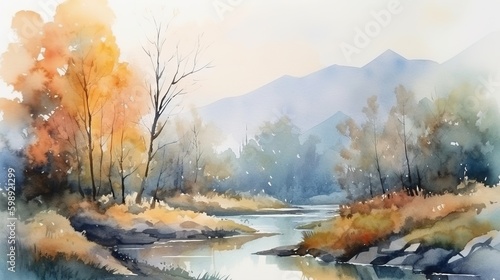Watercolor landscape with mountains, forest and river in front. beautiful landscape.