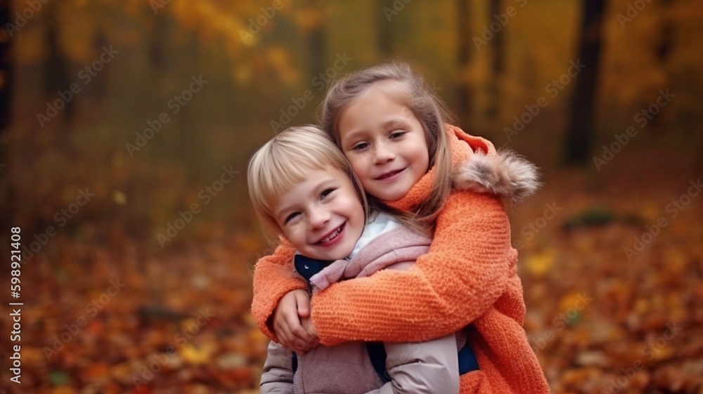 A little girl is cuddling her younger brother while grinning sweetly and enjoying herself amid a vibrant fall oak woodland. The Generative AI A little girl is cuddling her younger brother while grinning sweetly and enjoying herself amid a vibrant fall oak woodland. The Generative AI