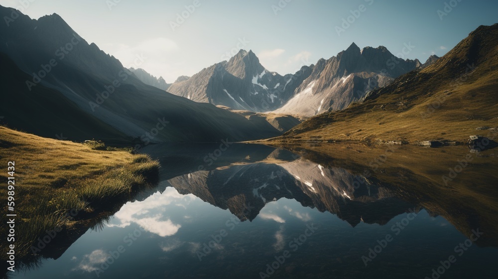 Photo of mountain range is reflected in a lake. Generative ai.