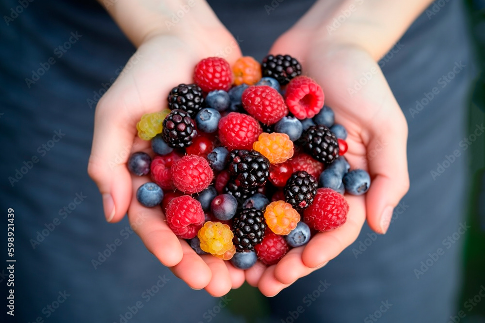 female hands holding a handful of mix berries female hands holding a handful of mix berries