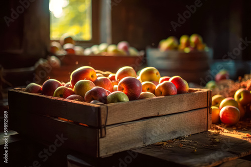 Agriculture and harvesting concept with fresh apple fruits in wooden boxes  farm garden with apple trees. Ai generated