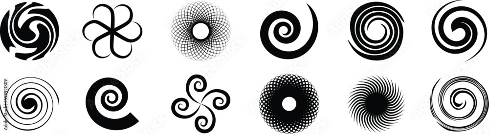 Spiral swirl icons, circle shape lines and twirl symbols, vector circular round motion and hypnotic elements. - obrazy, fototapety, plakaty 
