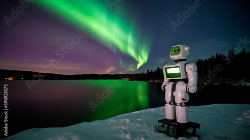 Robotic female artificial observes the aurora in Tornettrask Lake, Sweden. GENERATE AI