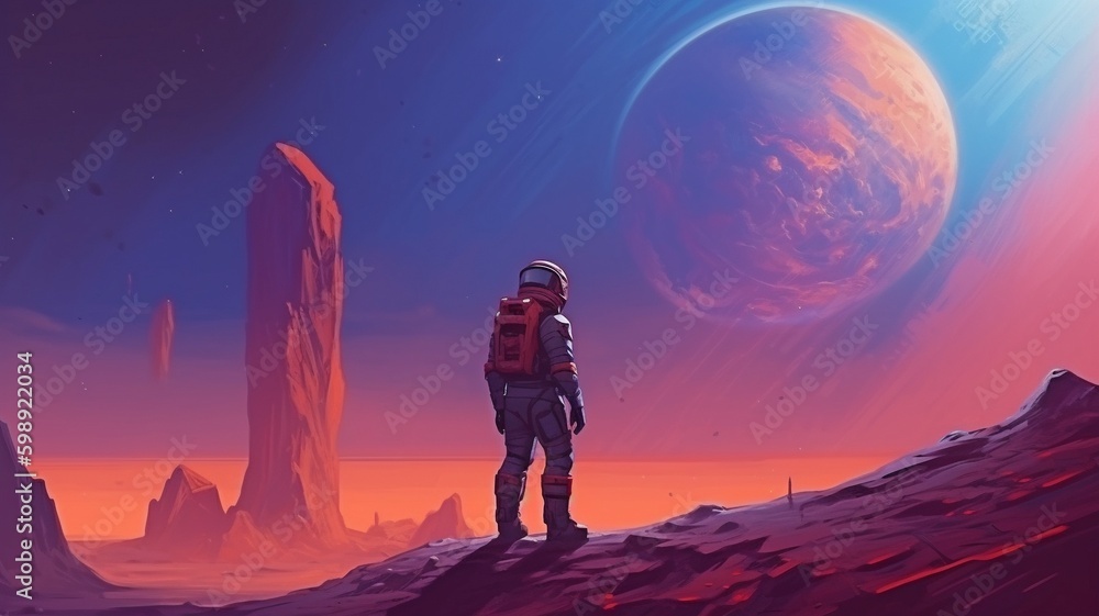 Fantasy illustration of an astronaut on an abandoned planet gazing up into the night sky. GENERATE AI Fantasy illustration of an astronaut on an abandoned planet gazing up into the night sky. GENERATE AI