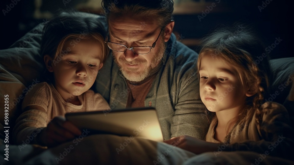 The ideal hour has recently become bedtime. Picture shows a man reading to his two young children on a tablet computer in bed. The Generative AI The ideal hour has recently become bedtime. Picture shows a man reading to his two young children on a tablet computer in bed. The Generative AI