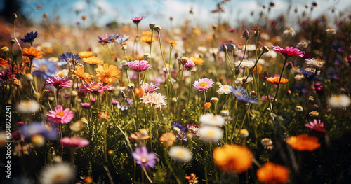 Colorful flower meadow with sunbeams and bokeh lights in summer - nature backgro Fototapeta