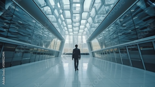 Business people moving through a futuristic glass structure. Technology. The Generative AI