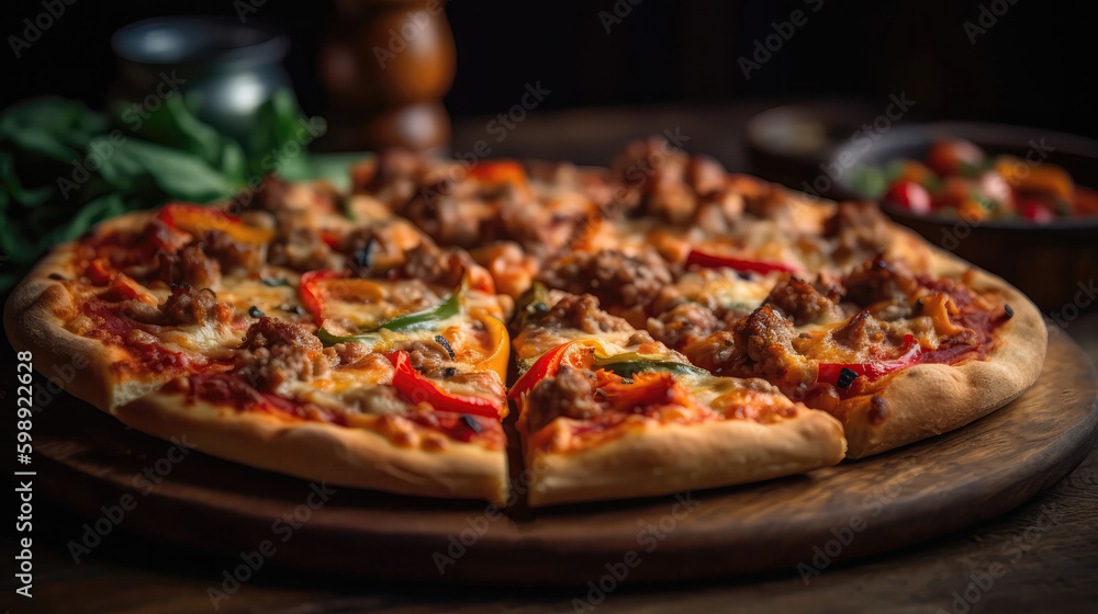 Macro Photo Sausage And Pepper Pizza On Stone Rustic Pub. Generative AI