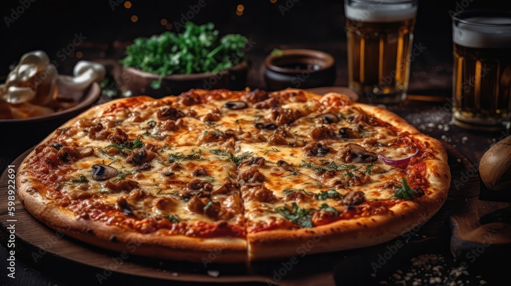 Macro Photo Supreme Pizza On Stone Rustic Pub. Generative AI
