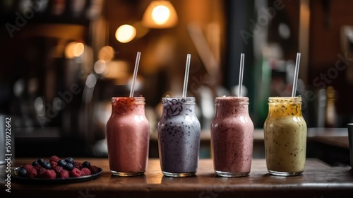 Macro Photo Smoothies On Stone Rustic Pub. Generative AI