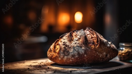 Macro Photo Sourdough Bread On Stone Rustic Pub. Generative AI photo