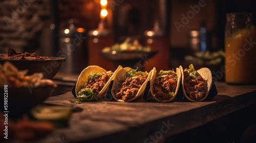 Macro Photo Tacos On Stone Rustic Pub. Generative AI