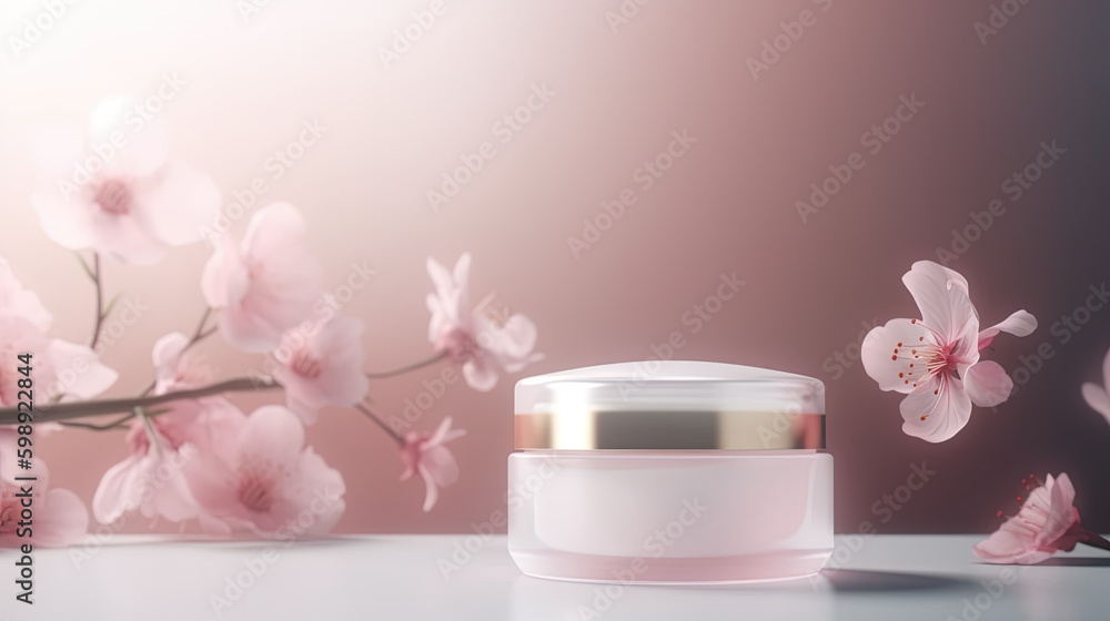 Glass jar filled with beauty product on a pale pink background with natural spring pink flowers. AI generative. Glass jar filled with beauty product on a pale pink background with natural spring pink flowers. AI generative.