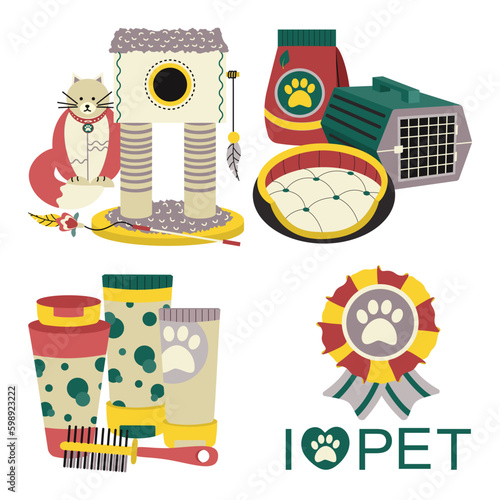 Set of elements for animals, cats, dogs. Pet care.