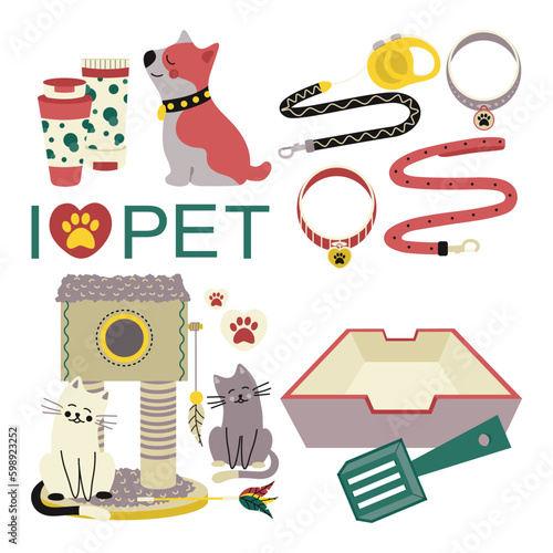 Set of elements for animals, cats, dogs. Pet care.