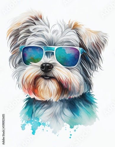 Watercolor Dog with Sun Glasses Illustration Isolated on White Background. Colorful Digital Animal Art © CG Design