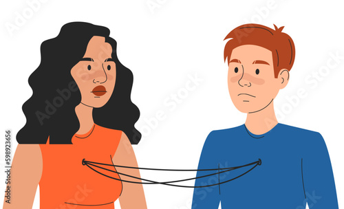 Codependency vector isolated. Two characters connected to each other with thread out of the chest. Unhealthy relationship, codependent partner. Couple, man and woman addicted to each other.