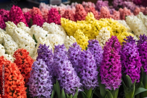 hyacinths, multi-colored hyacinths, traditional easter flowers, flower background, easter spring background. ai generative,