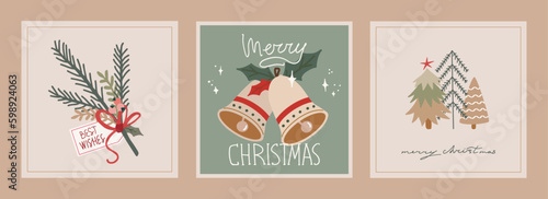 Set of christmas and new year cards with hand drawn illustrations of christmas symbols in retro style